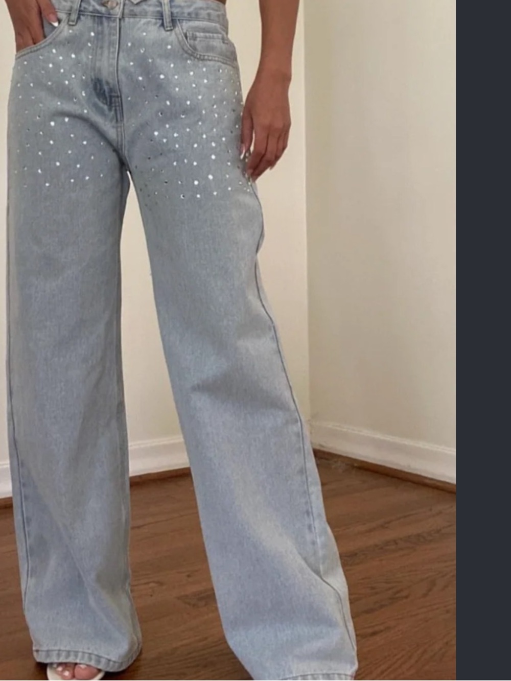 White Fox Boutique Light Wash Wide-Leg Jeans with Rhinestone Detail
